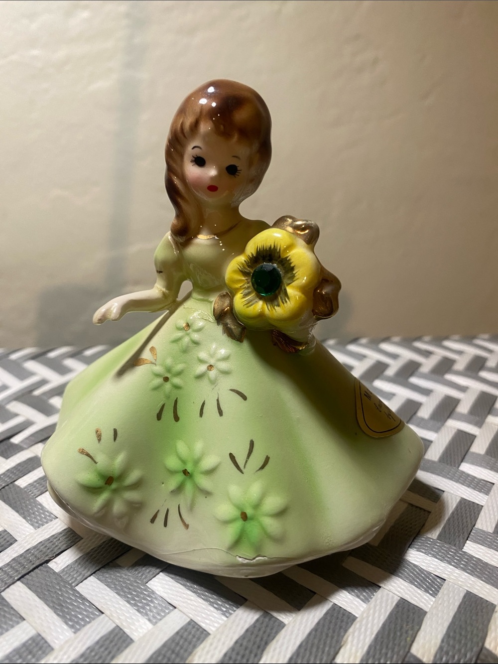 Green Porcelain Floral Figurine Girl - Unbranded